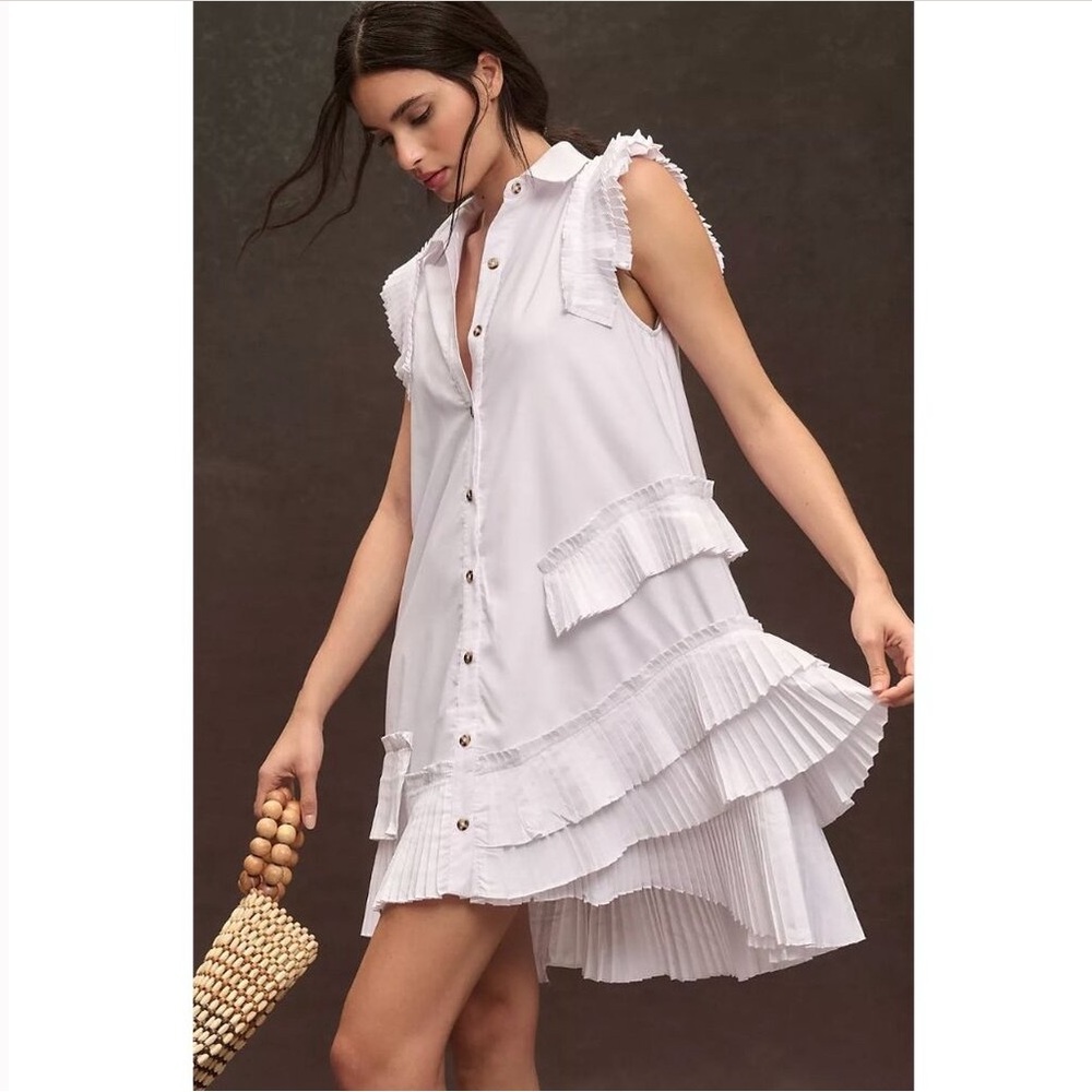 🆕 BY ANTHROPOLOGIE Button-Front Pleated Mini Shirt Dress S